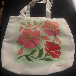 Elegant Floral Tote Bag - White with Pink and Red Blooms